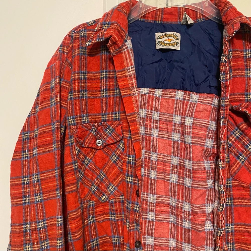 Men's Vintage Midwest Traders Red and Blue Plaid Button Down Shirt Size Medium